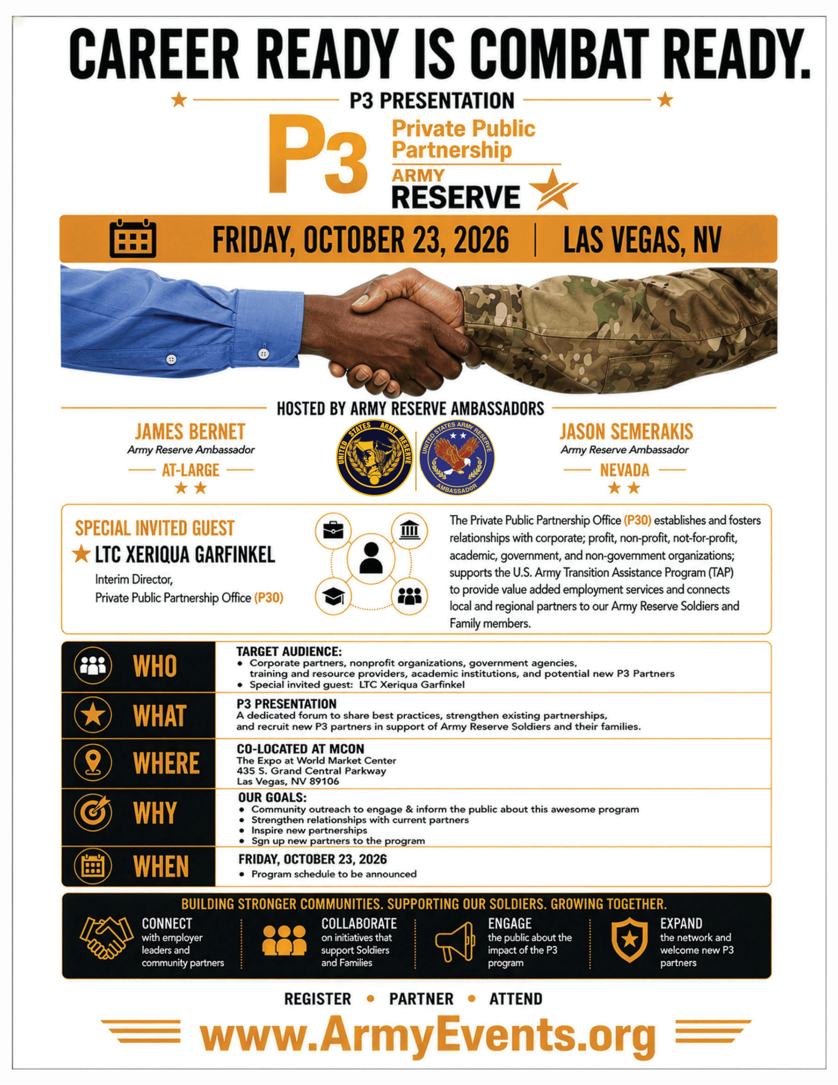 Community Salute event flyer — Saturday August 29, 2026, Las Vegas Readiness Center, 10:30 AM to 12:00 Noon. RSVP required at www.ArmyEvents.org